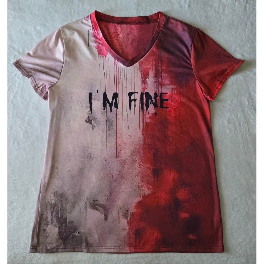 Im Fine Blood Splatter Shirt Women L‎ Graphic Tee Red Grey Distressed Horror